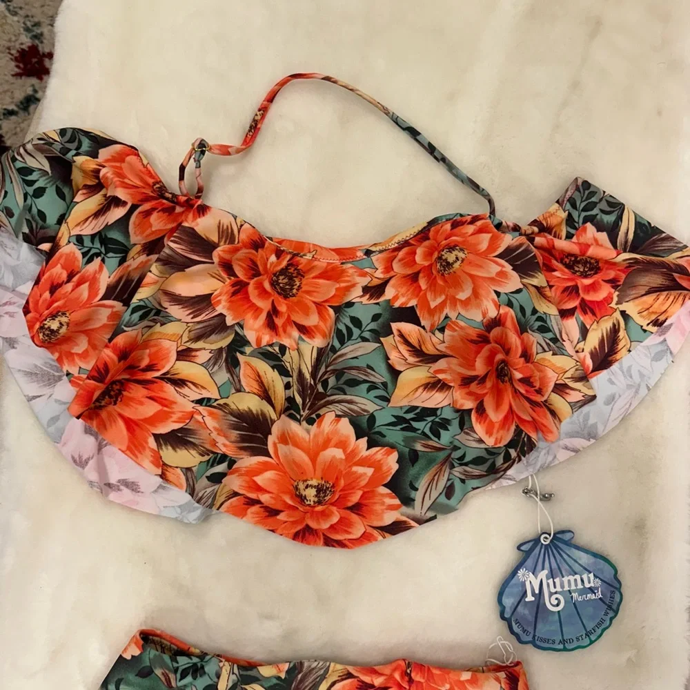 Show Me Your Mumu Orange Floral Bikini Set with Green Leaf Print Size small NWT